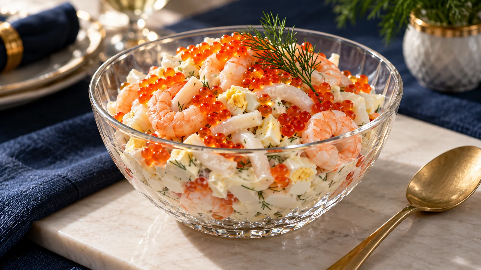 Порционный слоёный салат с кальмаром, креветками, яйцом и красной икрой в прозрачной салатнице